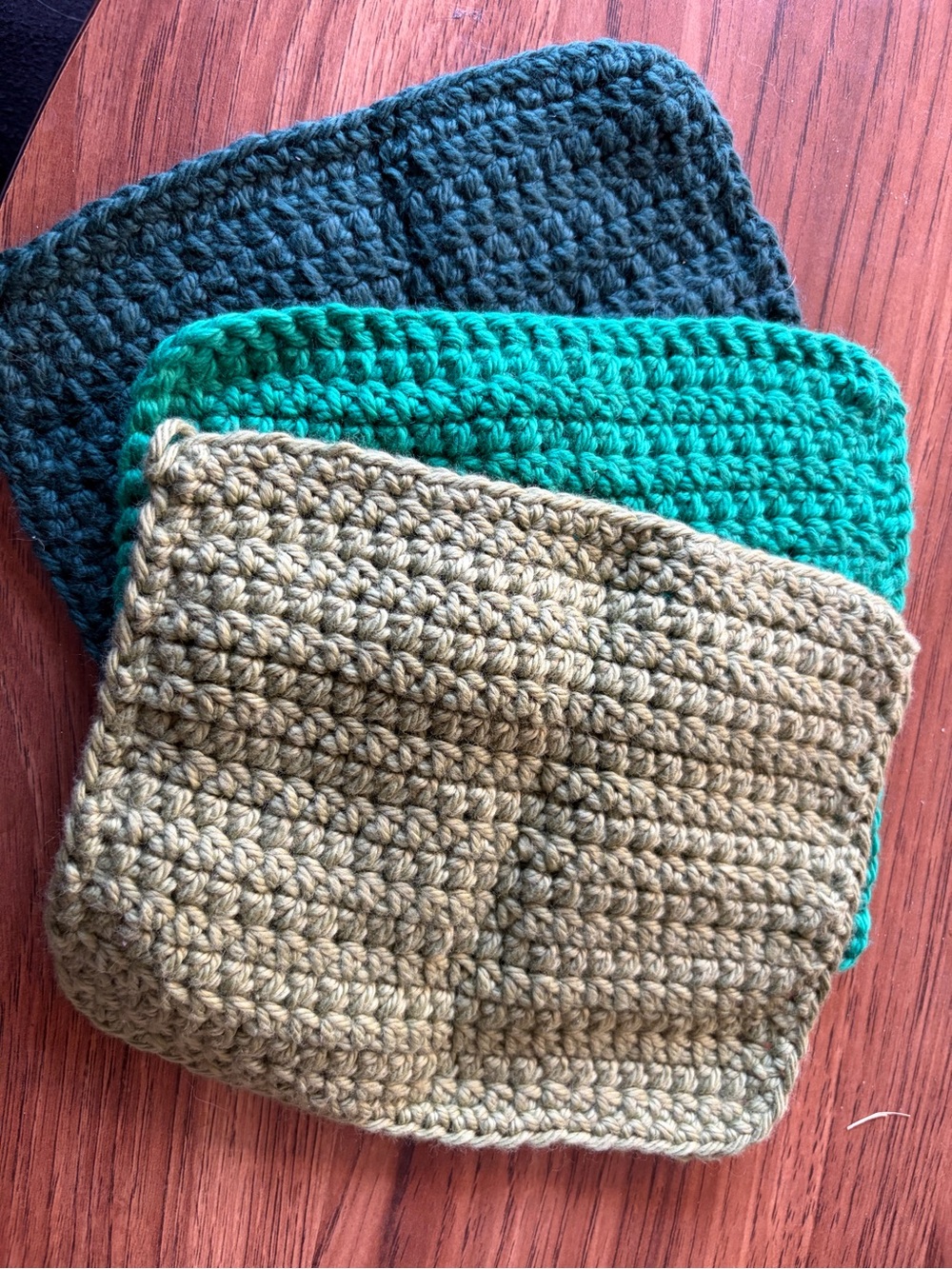 Handmade Crocheted Washcloth Trio in Teal, Emerald, and Olive